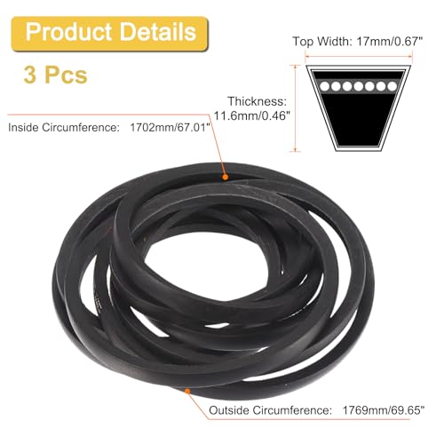 Image of uxcell 3 Pack B-67 Classic Wrapped V-Belt, 70 inch Outside Circumference Wrapped Industrial Rubber V-Belt B Profile V-Belt for Industrial Machinery Equipment, Black