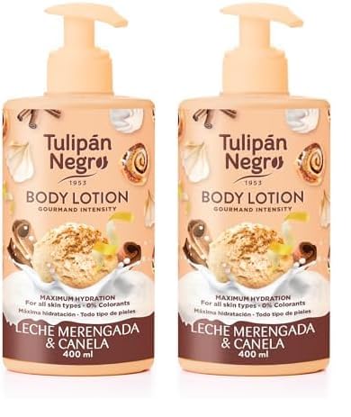 Tulipán Negro Loción Corporal con dosificador Leche Merengada y Canela, máxima hidratación 400 ml, intensamente perfumado y para todo tipo de pieles (Paquete de 2)