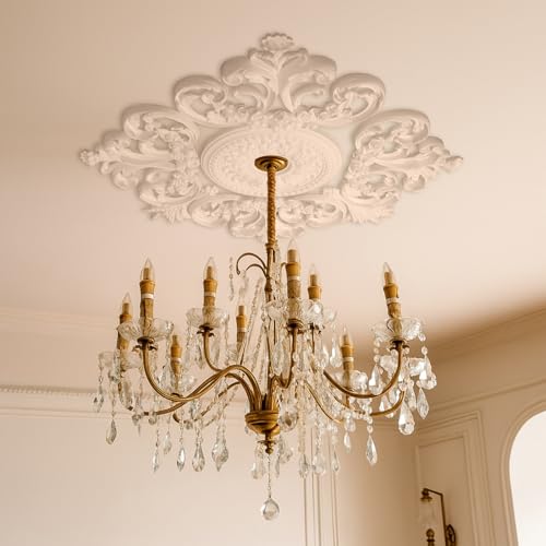 Image of Nuanchu 35.4'' Large PU Ceiling Medallion Combination Decorative 2.36'' ID French Style Chandelier Base Ceiling Medallion for Light Fixtures Victorian Rosette Light Covers for Chandeliers(Elegant)