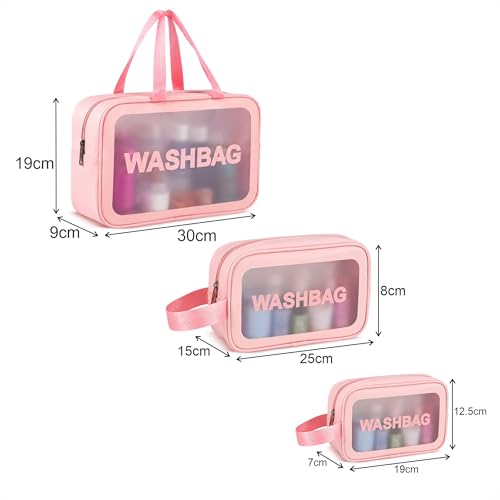 Image of FLYNGO Pvc Clear Makeup Pouch Set, Cosmetic Organizer Bag for Women and Girls Travel Waterproof Toiletry Storage Kit (Set of 3 Light Pink)
