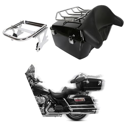 Image of ECOTRIC King Touring Luggage Trunk W /Top Luggage Rack & 2-UP Mounting Rack Compatible with 1997-2008 Harley Davidson Touring Road Glide Street Glide Road King Models (2 Packages Sent)