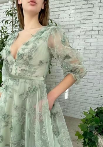 Long Tulle Prom Dresses V Neck Puffy Long Sleeve Formal Evening Gowns A Line Floor Length Party Dress with Pockets3