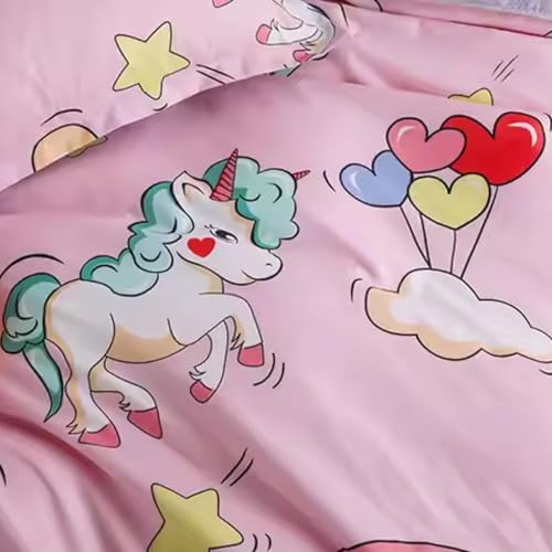 Image of Famyo Kids King Size 5-Piece Bedding Set, Unicorn & Rainbow | 250 TC Fitted Bedsheet, Comforter, Comforter Cover & 2 Pillow Covers, 72 x 78 in, Pink Kids Bedding