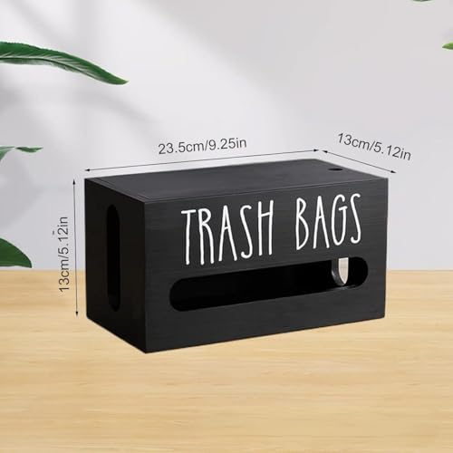 Image of Trash Bag Dispenser, Wall Mount Trash Bag Holder Dispenser with Lid Wooden Kitchen Trash Bag Roll Organizer Plastic Garbage Bag Storage for Cabinet. (Black)
