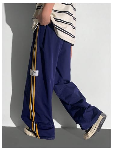Verdusa Boy's Side Striped Pants Drawstring Waist Straight Leg Letter Patched Baggy Trousers3