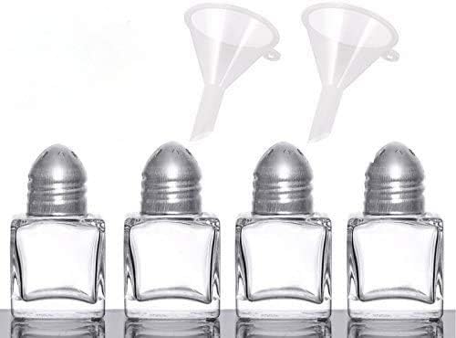 Set of 4 Cube Shape Glass Mini Salt & Pepper Shakers (Stainless Steel Top) with 2 Mini Funnels for Easy Refill By Azi