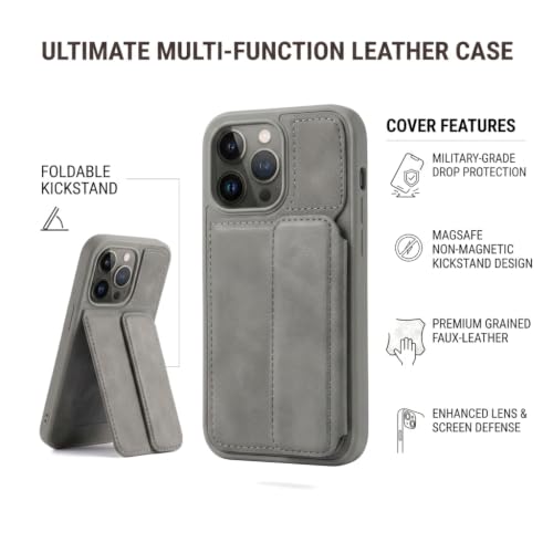 Image of amazon basics Luxury Vegan Leather Back Cover for iPhone 13 Pro | Built-in Card Holder Slot | Integrated Mobile Stand | Slim Shockproof Protective Case with Stitched Finish - Gray