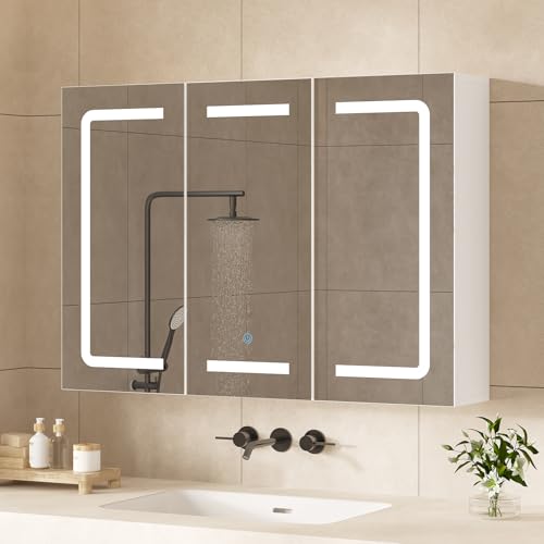 Hasuit Medicine Cabinet Organizer with Mirror, Lighted Bathroom Medicine Cabinet with Storage, 3 Doors Bathroom Wall Cabinet with LED Lights, Adjustable Shelves & Outlets, 31.5'' x 23.6'', White