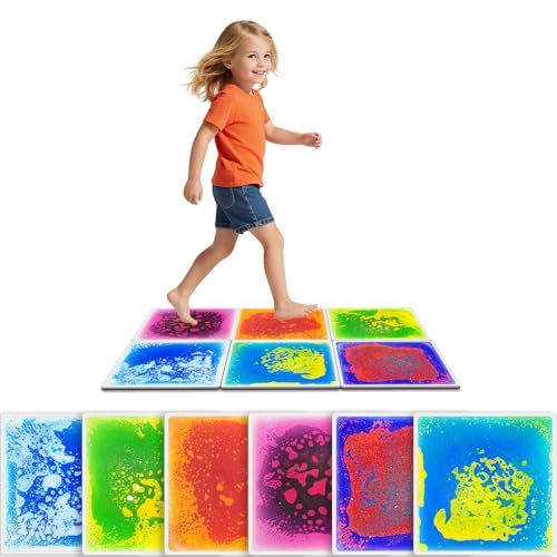 JUEOQOY Liquid Sensory Floor Tiles for Kids Ages 3+ 12 Step-On Tiles with Non-Slip Base Interactive Color-Flow Assorted Colors Classroom Sensory Path Set (6-Pack)