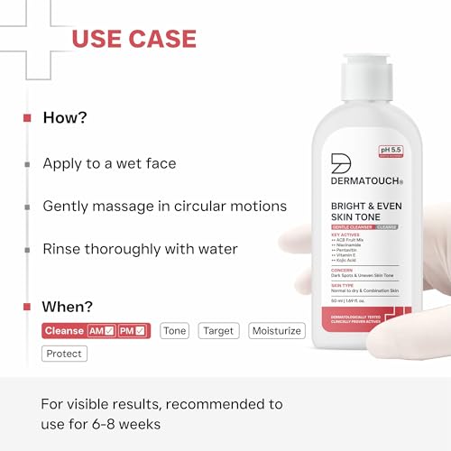 Image of DERMATOUCH Bright & Even Skin Tone Gentle Cleanser | Helps Reduce Dark Spots, Uneven Tone & Dullness | pH 5.5 Balanced | Dermatologist Tested | 50ml (Pack of 2)