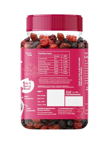 Image of Livyor 5 in 1 Berry Mix for eating - 200g | Good Source of Fibre | Dried Cranberries | Black Raisins | Cherries | Blueberries | Strawberries | Berry Blast | Berries dry fruits | Berries fresh | Pack of 1