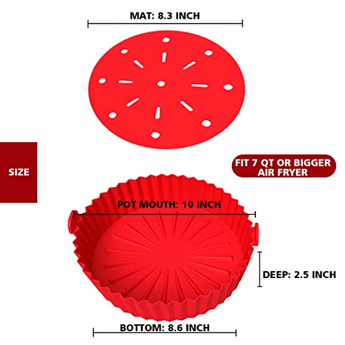 10 Inch Air Fryer Silicone Liners For 7Qt Or Bigger Air Fryer, Large Reusable Air Fryer Silicone Basket With Round Silicone Mat,Non-Stick Easy To Clear(Xl,Red) #TOP1
