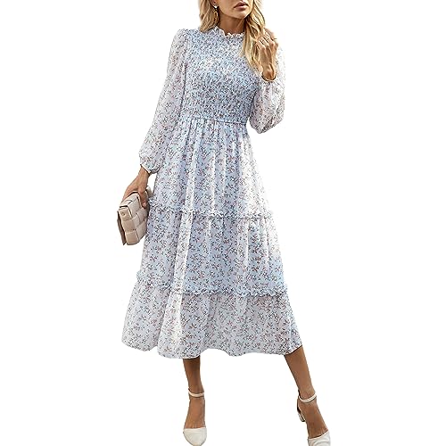 YNIQUE Damen Kleider Lässig Langärmlig Stehkragen Bohemian Blumenmuster Fließende Maxi Kleider Abgestuftes Cocktail Kleid
