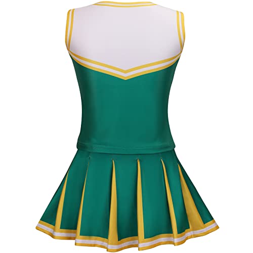 GRAJTCIN Girls Cheerleader Costume Kids Cheer Uniform Cheerleading Outfit Halloween Fancy Dress for 10-12 Years Hair Bow(150, Green)