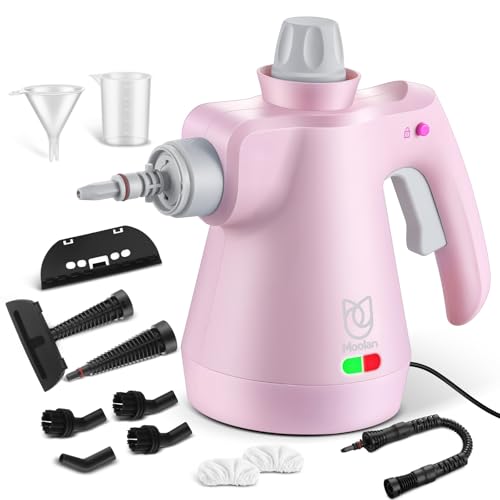 Moolan Handheld Steam Cleaner, Hand Steamer for Cleaning with 12pcs Accessories & 13.1ft Cord for Tile, Grout, Windows, Bathrooms, Kitchens, Car, Fabric Steaming Tool, Pink