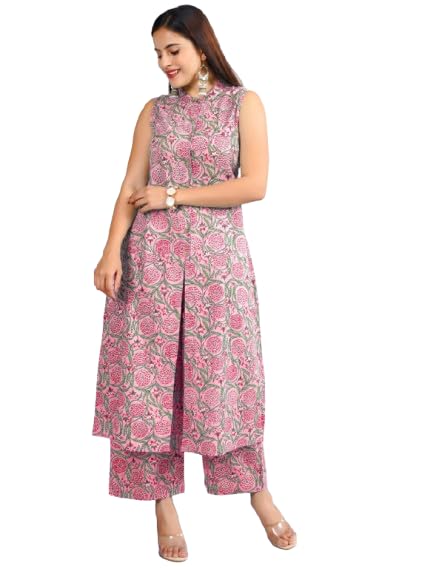 Image of Cotton Printed Front Slit Kurta with Palazzo Set for Women