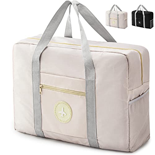Rieeyrslza Bolsa de Viaje Ligera Plegable 25L Bolsa de Mano Equipaje Bolsa Fin de Semana Maleta Cabina Bolsa de Viaje para Adecuada para La Viaje Corto Vacaciones Fines De Semana (Beige) Cover