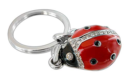 Adorable 3D sparkling ladybug key chain. Surrounded in clear & black crystals. Made of Chrome coated metal for long lasting shine. -  Baron-Jewelry