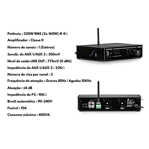 Amplificador Home Sense HS320.2 BT 320W RMS 4 Ohms Classe D RCA/FM/MicroSD/Bluetooth Frahm - 31949