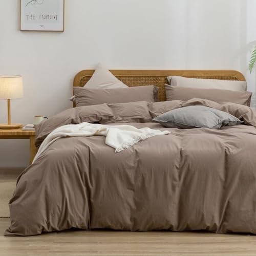 Image of BESTOUCH Cotton Solid Duvet Cover Set Pine Bark Brown Oversized Full | 100% Washed Cotton, Soft Wrinkle Texture, Hidden Zipper, 8 Ties, Breathable Lightweight Durable Comfy, 3 Pcs No Insert