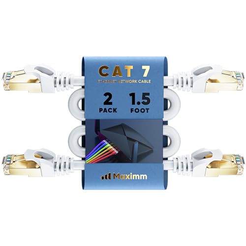 Cat 7 Ethernet Cable 1.5 ft - (2 Pack) High-Speed Cat7 Internet & Network LAN Patch Cables, RJ45 Connectors - Perfect for Gaming, Streaming, and More (White)