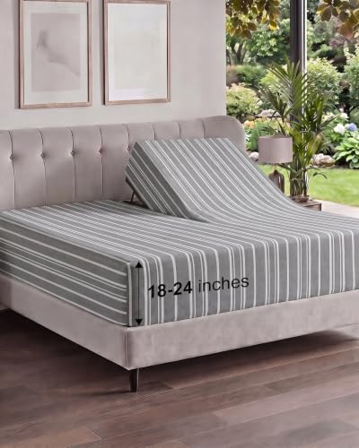 Image of Extra Deep Flex Top Split Head King Fitted Sheet - Hotel Luxury Single Fitted Sheet Only - Easily Fits 18 inch to 24 inch Mattress - Ultra Soft, Wrinkle Free w /Extra Deep Pockets - Grey Stripes 3