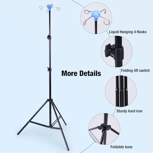 Tripod IV Poles Stand, Foldable Portable IV Poles with 4 Hook, Collapsible Floor Stand for Travel Home Care (Black) - Thumbnail 6