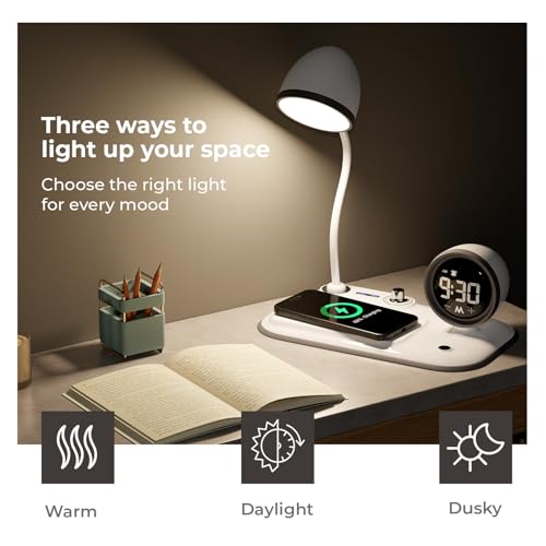 Image of Lifelong 3-in-1 Wireless Charging Desk Lamp with LED Light & Digital Alarm Clock|Fast Wireless Charging Pad, Adjustable Brightness, Touch Control & Night Mode|Perfect for Bedroom, Office & Study Table