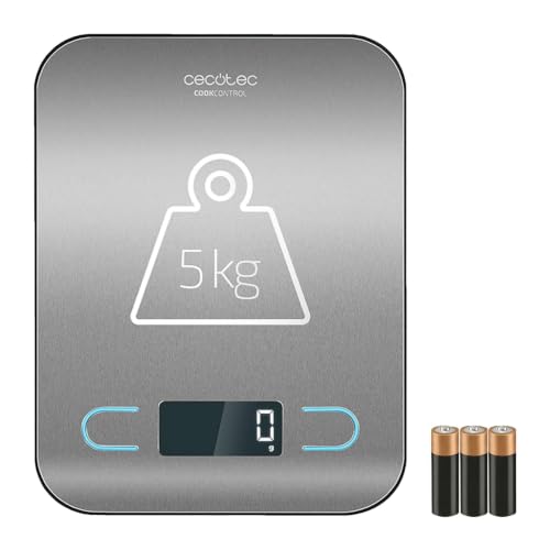 Cecotec Báscula de Cocina Digital de Alta Precisión CookControl. Plataforma de Acero inoxidable, Antihuellas, Diseño extraplano, Pantalla LCD, Capacidad máxima de 5 kg, Precisión de 1g