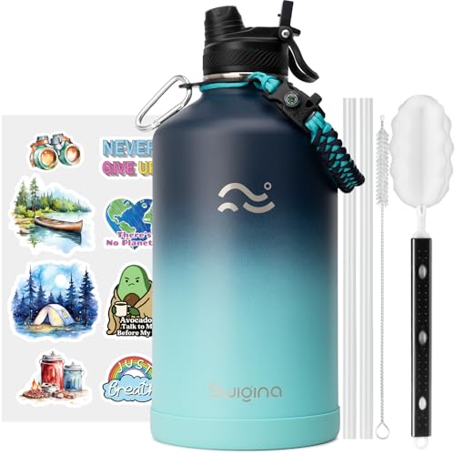 Image of Swigina [2-IN-1 LID] Gallon Insulated Water Bottle with Silicone Boot (48hrs Cold /24hrs Hot) - DIY Stickers, Leakproof, BPA Free, 128 oz