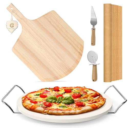 6 Pieces Pizza Stone Set, 12" Pizza Stone for Oven and Grill with 12Inch Pizza Peel(Oak), Serving Rack and Pizza Cutter & Pizza Server & 10PCS Cooking Paper for Free, Pizza Paddle for Pizza, Bread