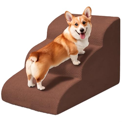 Niubya Hundetreppe für Kleine Großer Hunde H40 cm - Katzentreppe Hundetreppe Bett und Sofa, ältere und verletzte Haustiere, mit waschbarem Bezug und hochdichtem Schaumstoff (Braun, 3 Stufen)