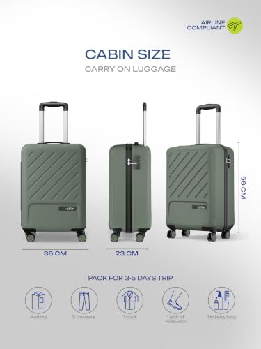 Image of Safari Cabin Symphony 56cm Trolley Bag Hard Case Polypropylene, 8 Spinner Wheels, 360 Degree Wheeling Carry on Luggage, Travel Bag, Suitcase for Travel, Trolley Bags for Travel, Thyme Green
