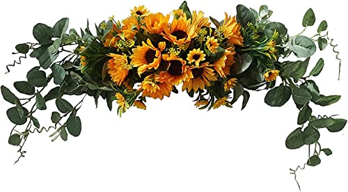 Flueyer Artificial Sunflower Swag, Decorative Sunflower Wreath With Eucalyptus Leaves Handmade Floral Swag For Mirror Home Wedding Party Door Tabletop Decoration #TOP10