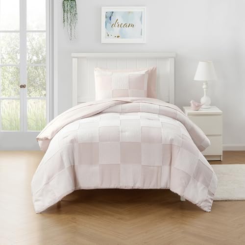 Image of Kids Comforter Set Bedding Set Bed in a Bag for Boys and Girls Toddlers Printed Sheet Set and Comforter, Twin, Chenille Checkered Blush Pink