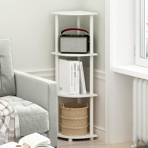 Image of Furinno Turn-N-Tube Corner Shelf, 4-Tier Corner Bookshelf, White | Display Storage Shelves with Open Shelves, for Organization and Storage, Living Room, Home Office, Garage,