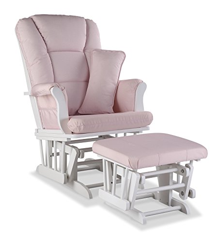 Image of Storkcraft Tuscany Custom Glider and Ottoman with Free Lumbar Pillow (White/Pink Blush Swirl) - Cleanable Upholstered Comfort Rocking Nursery Chair with Ottoman