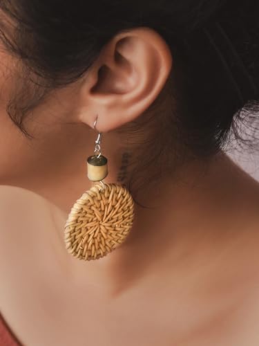 Image of MINACHI Boho Chic Handmade Rattan Wood Dangle Drop Earrings for Women, Bohemian Summer Beach Statement Jewelry Gift for Women