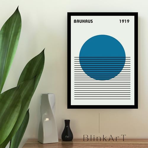 Image of BLINKART Vintage Bauhaus Retro Geometric Aesthetic Poster Gallery | Colorful Wrap Framed For Home Office Studio Living Room Modern Art Studio Decoration Abstract Shapes | (d77) | 13x10 Inch