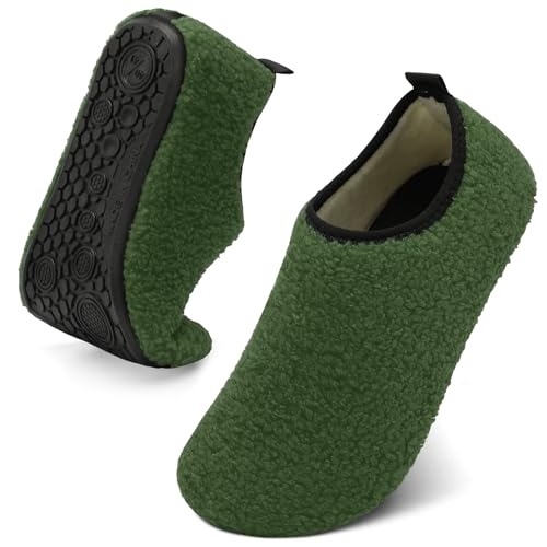 QFH Womens & Mens Cozy House Slippers - Portable Travel Shoes with Flexible Rubber Sole & Soft Velvet Lining Dark Green 8-8.5 Women/7-7.5 Men