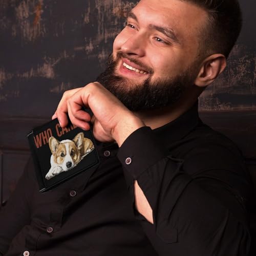 Corgi Dog Who Cares Slim Leather Biford Wallet for Men with 6 Card Holders Cash Pockets for Travel4