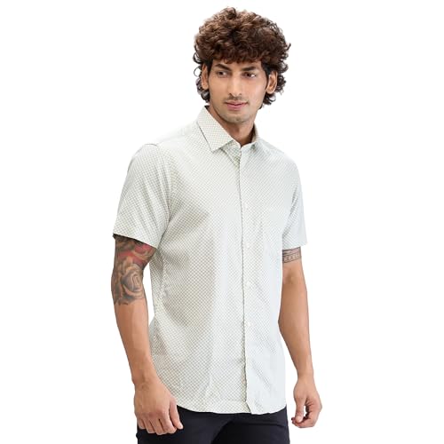 Image of Colorplus Men's Regular Fit Print Pattern Pure Cotton Plain Collar Half Sleeve Casual Shirt