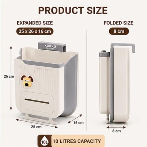 Image of AILTEC KUKKU TRADERS Hanging Dustbin for Kitchen Cabinet 10L | Foldable PP Waste Bin with Wide Opening | Bag Storage Dispenser for Kitchen Bathroom and Office