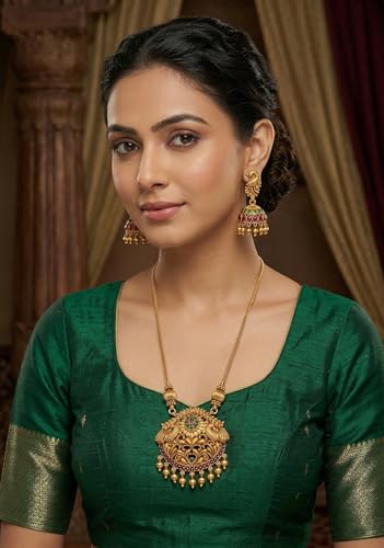 Image of Traditional Gold-Plated Lakshmi Temple Pendant Necklace Set for Women | Antique South Indian Jewelry with Jhumka Earrings | Ethnic Bridal, Wedding & Festive Jewelry Set