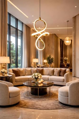 Image of Modern Gold Finish Spiral Shape Energy Saving Led Pendant Hanging with 3 Different Color Mode (Warm White, Cool White, Neutral White) for Bedroom, Living Room, Restaurants, Dining, Home