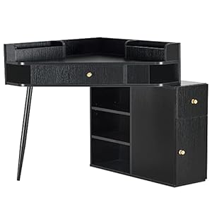 BarberPub Manicure Table with Drawers Corner Nail Desk with Open Shelves Makeup Reception Dressing Station Salon Spa Storage Cabinet 2822 (Black)