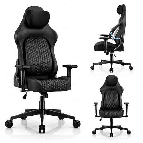 Devoko Gaming Stuhl mit 2D Armlehnen, Bürostuhl Ergonomisch mit 135° Verstellbarer Rückenlehne & 5-Stufen Lordosenstütze, Schreibtischstuhl für Gaming, Arbeiten, Belastbarkeit bis 200 kg,Schwarz