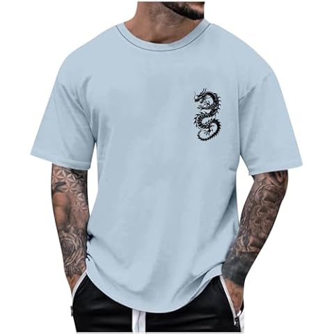T Shirts for Men UK Chinese Dragon Pattern Print Tshirt Summer Short Sleeve Tops Round Neck Athletic Tees Gym Running Sports T-Shirt Basic Regular Fit Shirts Comfortable Breathable Workout Tops Cover