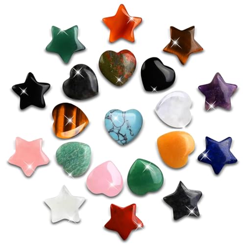 Juego de 20 piedras naturales de la suerte con forma de corazón, piedras preciosas y piedras de la suerte para niños, piedras naturales de corazón de piedra (10 corazones y 10 estrellas) con estilos