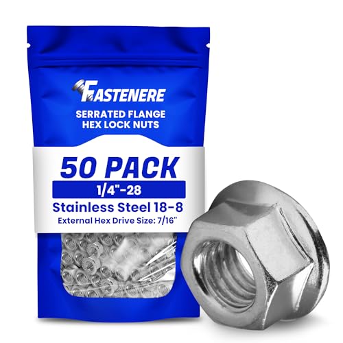 Fastenere Serrated Flange Nuts – 1/4"-28 (50-Pack), Durable Stainless Steel 18-8 Hex Lock Hardware Nuts, Corrosion-Resistant, Fine Plain Finish for Home, Automotive &amp; Industrial Use